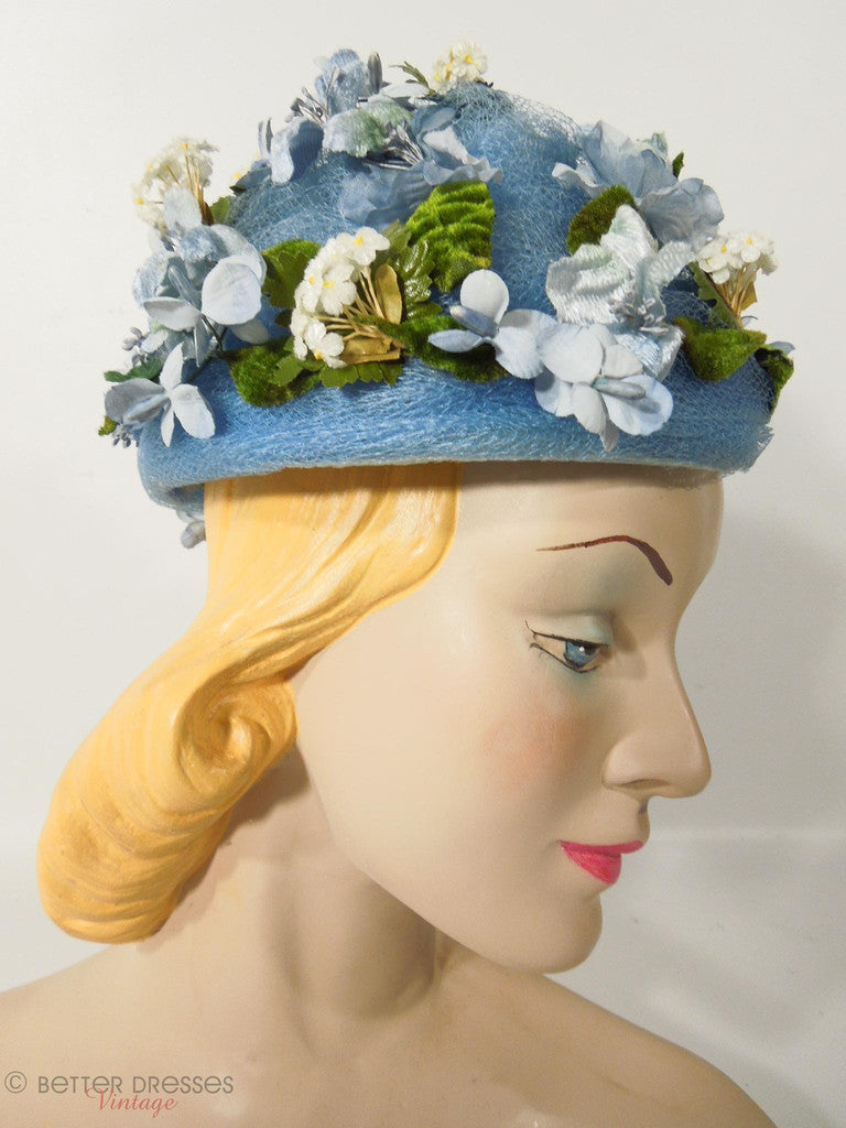 Vintage 50s or 60s whimsical blue floral hat at Better Dresses Vintage.