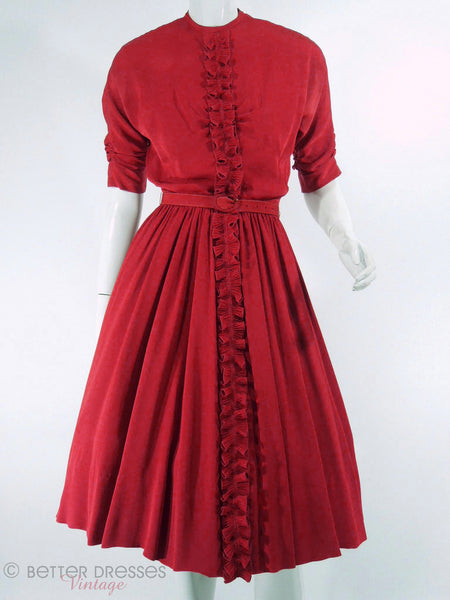 40s Ruffle Front Red Rayon Dress