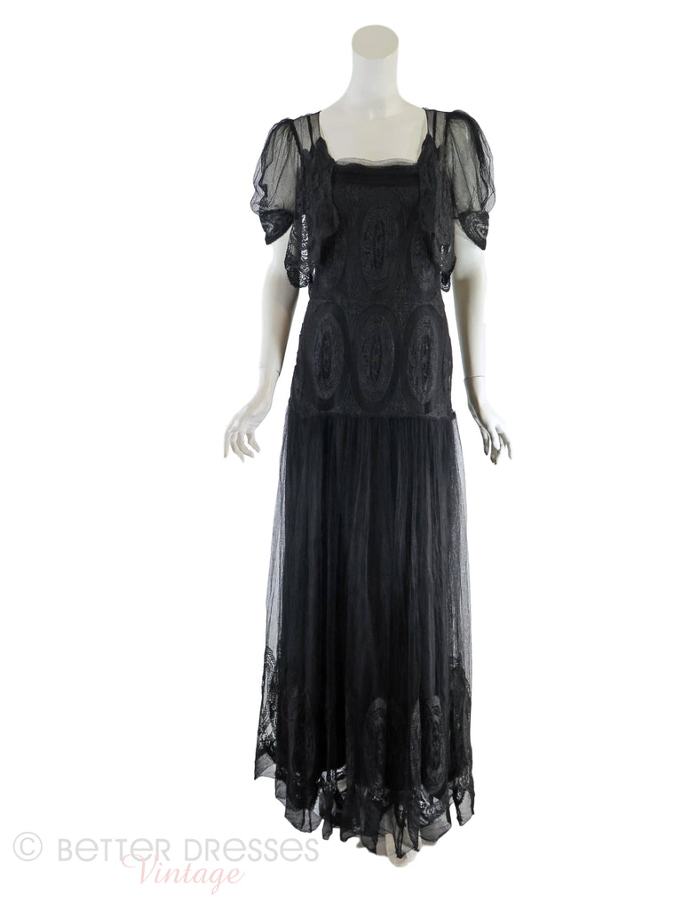 30s Black Lace Gown + Slip - Full view