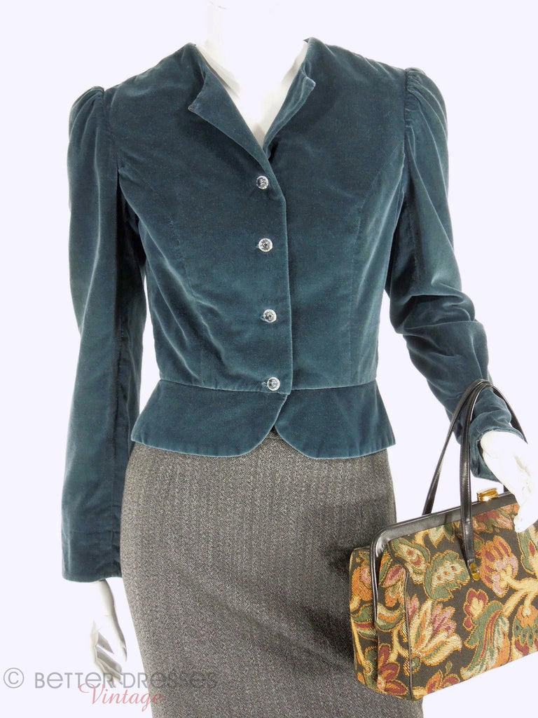1970s Blue Velvet Peplum Jacket at Better Dresses Vintage. - top hook&eye open