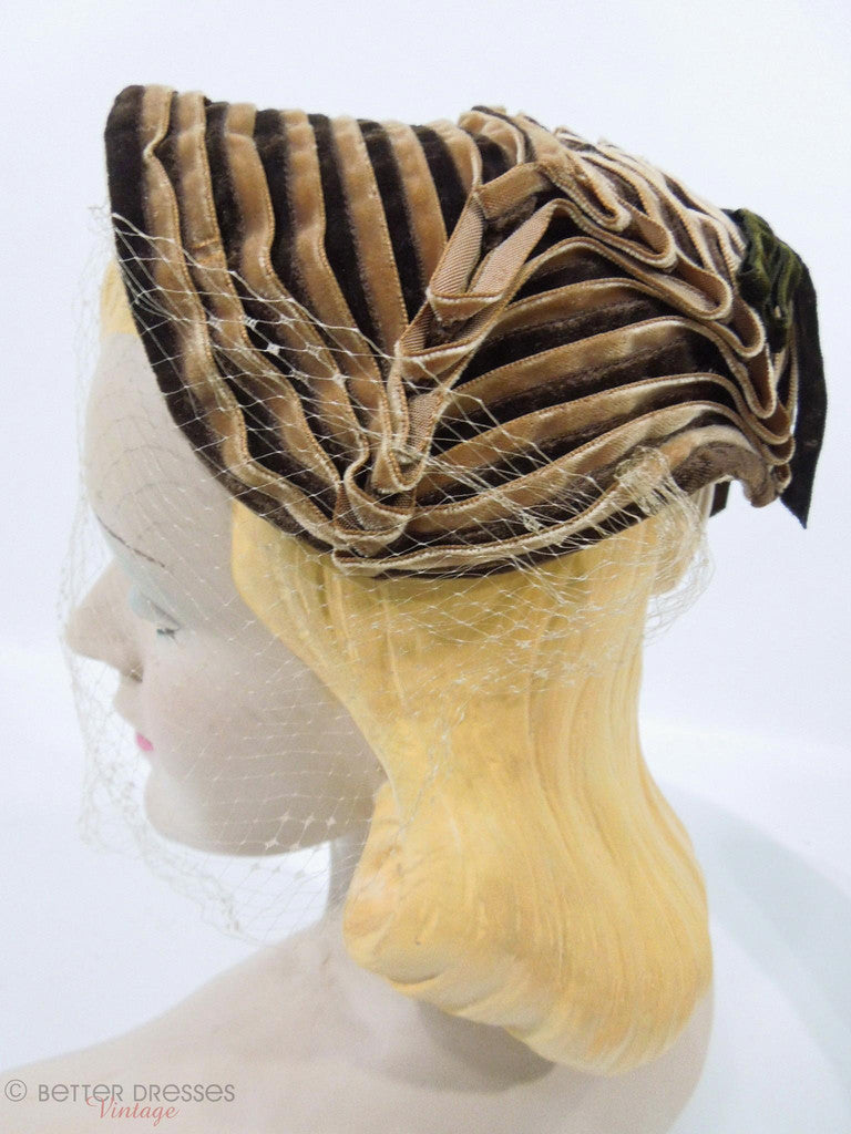 40s Brown Ribbon Bonnet-Style Veil Hat at Better Dresses Vintage. Left side.