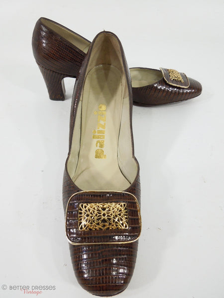 1960s Palizzio Brown Lizard Pilgrim Pumps. Megan Draper Shoes. At Better Dresses Vintage.