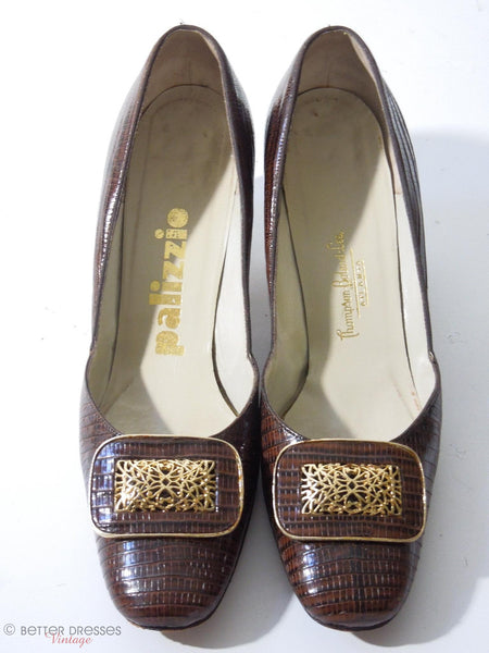 1960s Palizzio Brown Lizard Pilgrim Pumps. Megan Draper Shoes. At Better Dresses Vintage. fronts