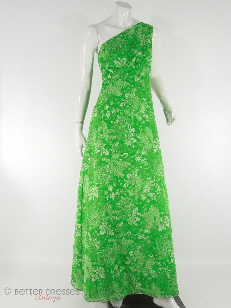 70s Priscilla of Boston Green Fern Print One-Shoulder Maxi Bridesmaid Formal Gown and Wrap at Better Dresses Vintage.