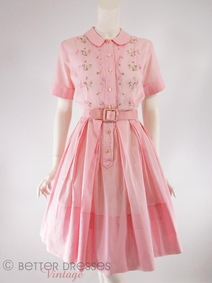Vtg 50s 60s Embroidered Pink Cotton Full Skirt Shirtwaist Day