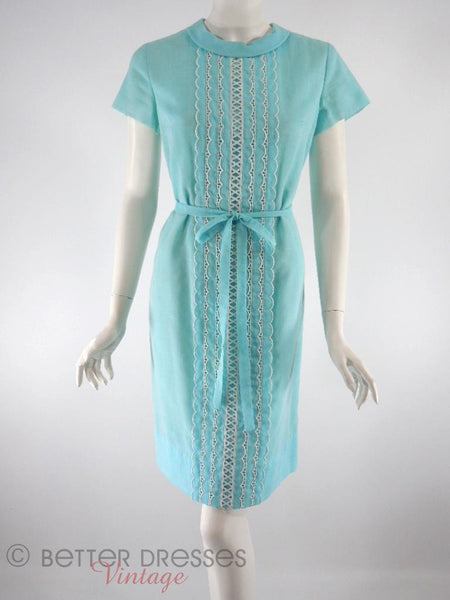 Vintage 60s Blue Belted Shift Dress - front
