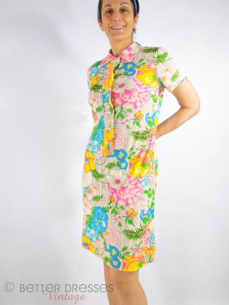 60s Shift Dress in Neon Floral Nylon - on a person