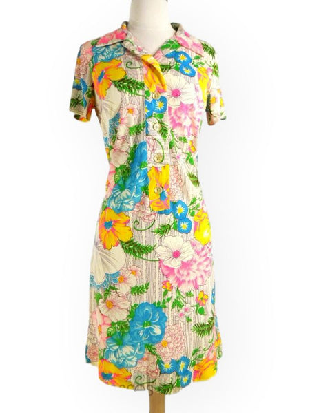 Robe droite en nylon floral néon des années 60 par L'Aiglon - sm
