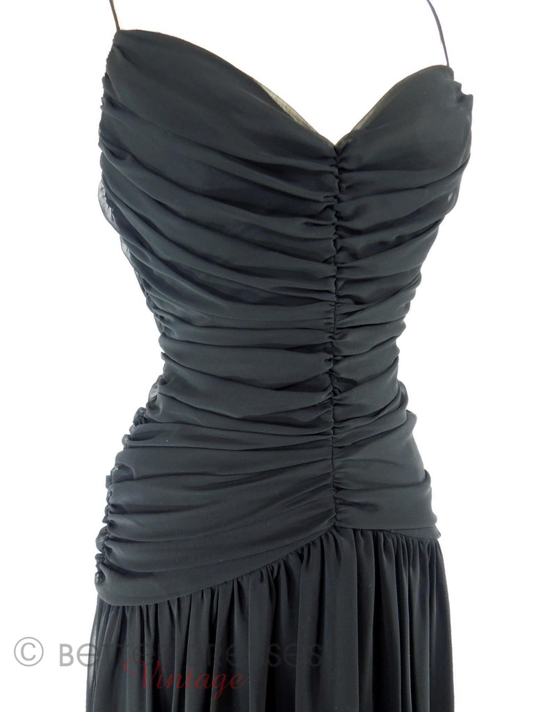 80s Ruched Black Chiffon Dress - close view