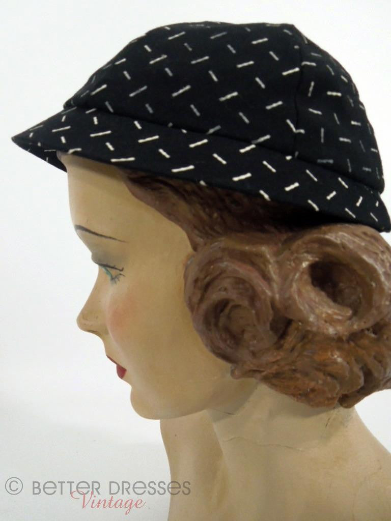 1950s black and white calot style hat at Better Dresses Vintage - side view