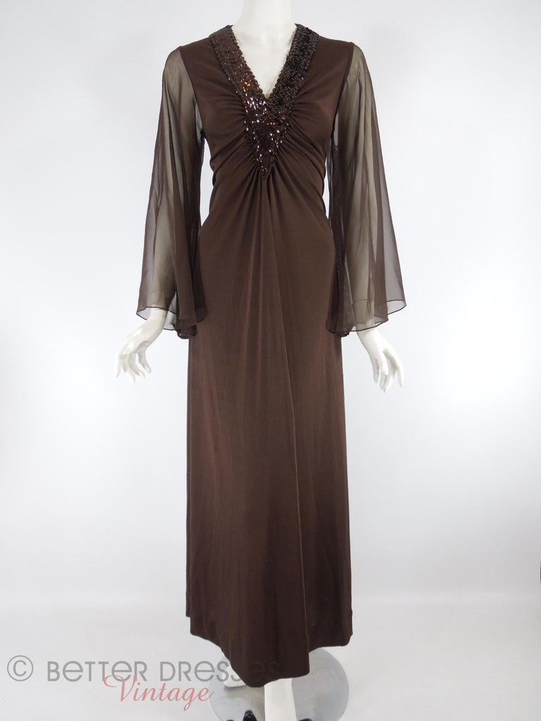 70s Coffee Brown Sequined V-Neck Maxi Dress - front