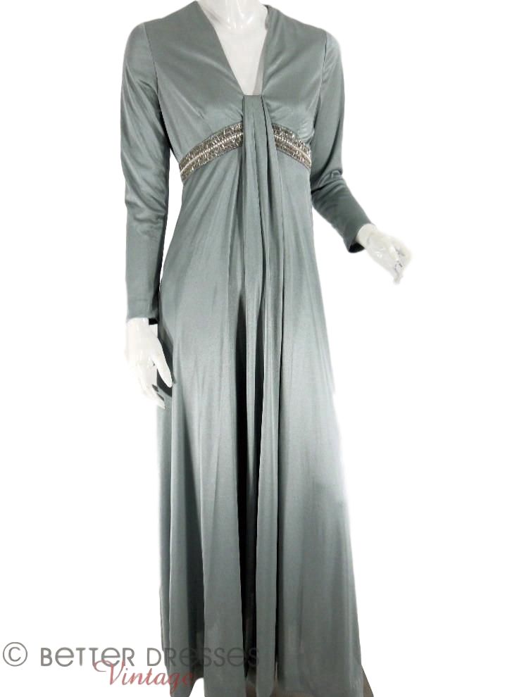 Vintage 1960s 1970s Long Sleeve Silver-Blue Gown, Slinky Long Dress - sm, med Better Dresses Vintage Vintage 1960s 1970s Long Sleeve Silver-Blue Gown, Slinky Long Dress - sm, med Better Dresses Vintage