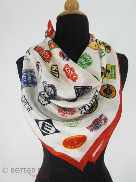 Vintage Railroad Souvenir Scarf on Cecelia the Dress Form at Better Dresses Vintage.