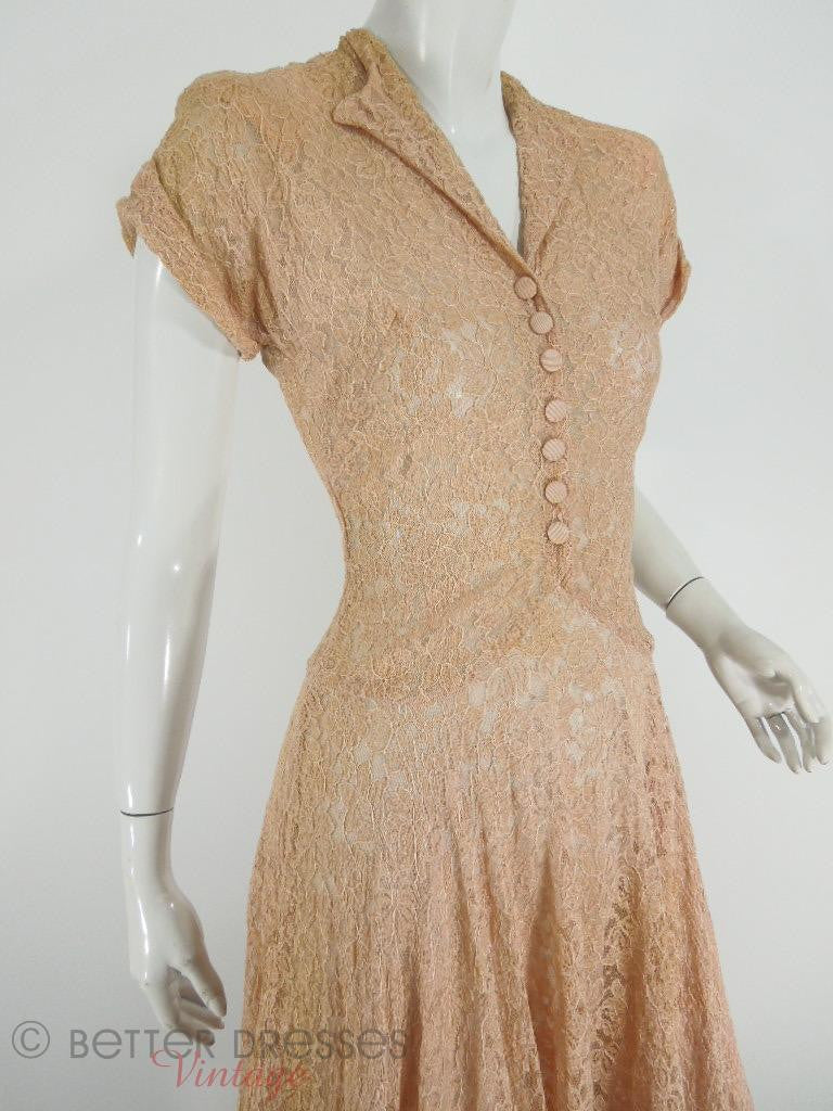 40s Peach Beige Lace Dress at Better Dresses Vintage - Close Angle View