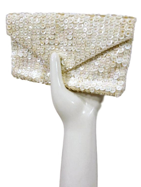 La Regale White Satin Pearl Beaded Clutch Purse