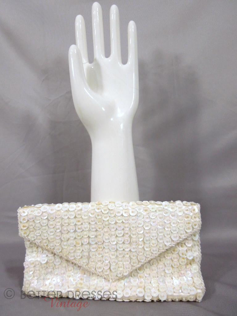 1950s Clutch Handbag Cream White Hand-Beaded Evening Bag by