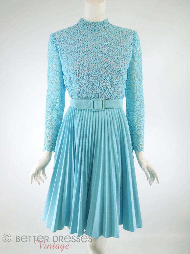 Vintage late 60s or early 70s Blue Lace Bodice Dress With Pleated Skirt