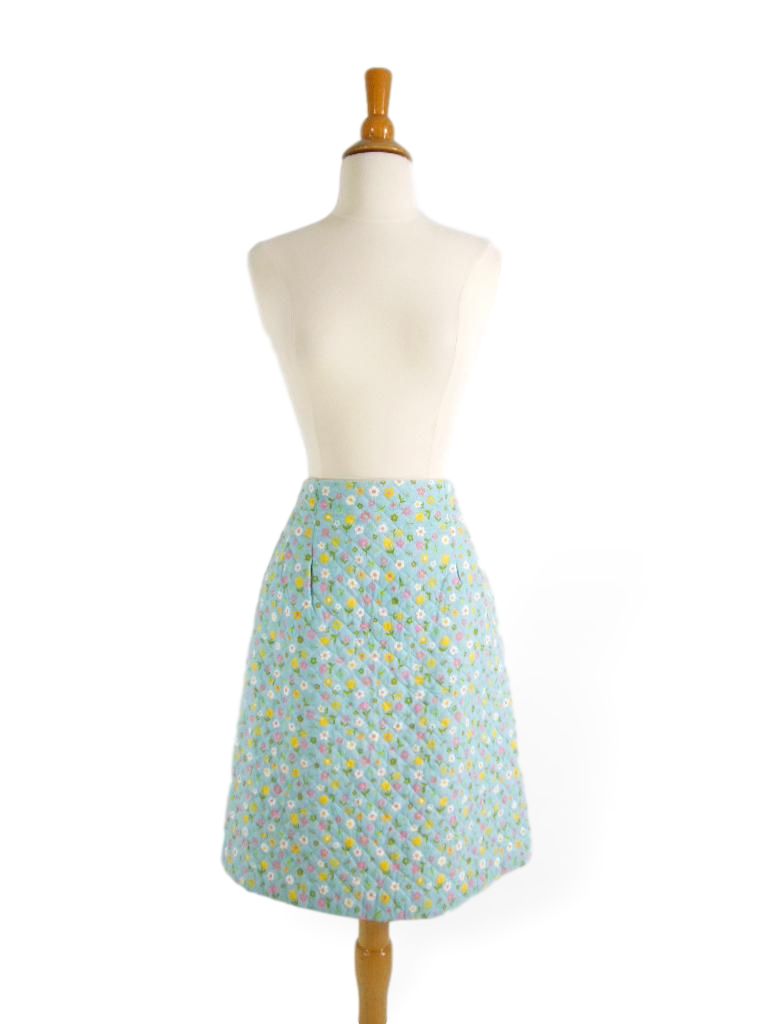 jupe vintage des années 60 A Line en floral matelassé bleu aqua