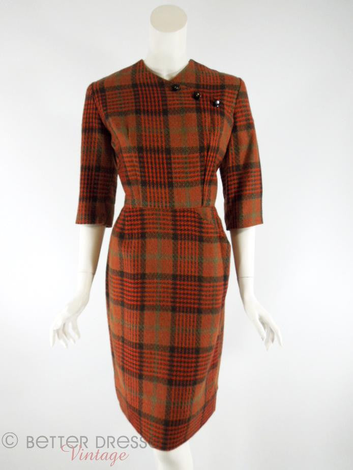 50s Plaid Wool Dress - front view
