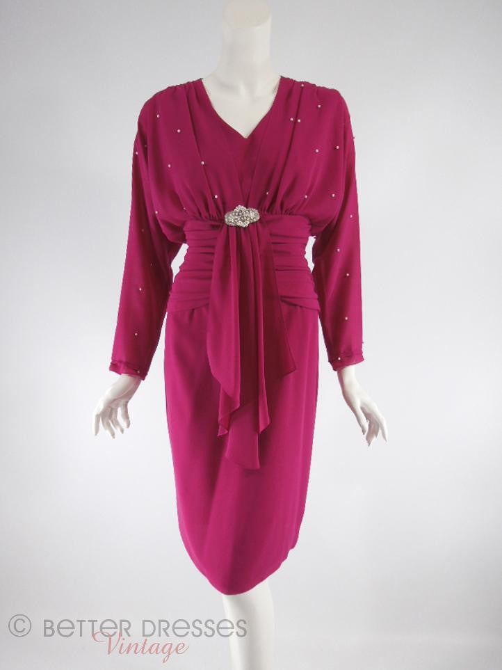 80s Raspberry Crepe Cocktail Dress - full view
