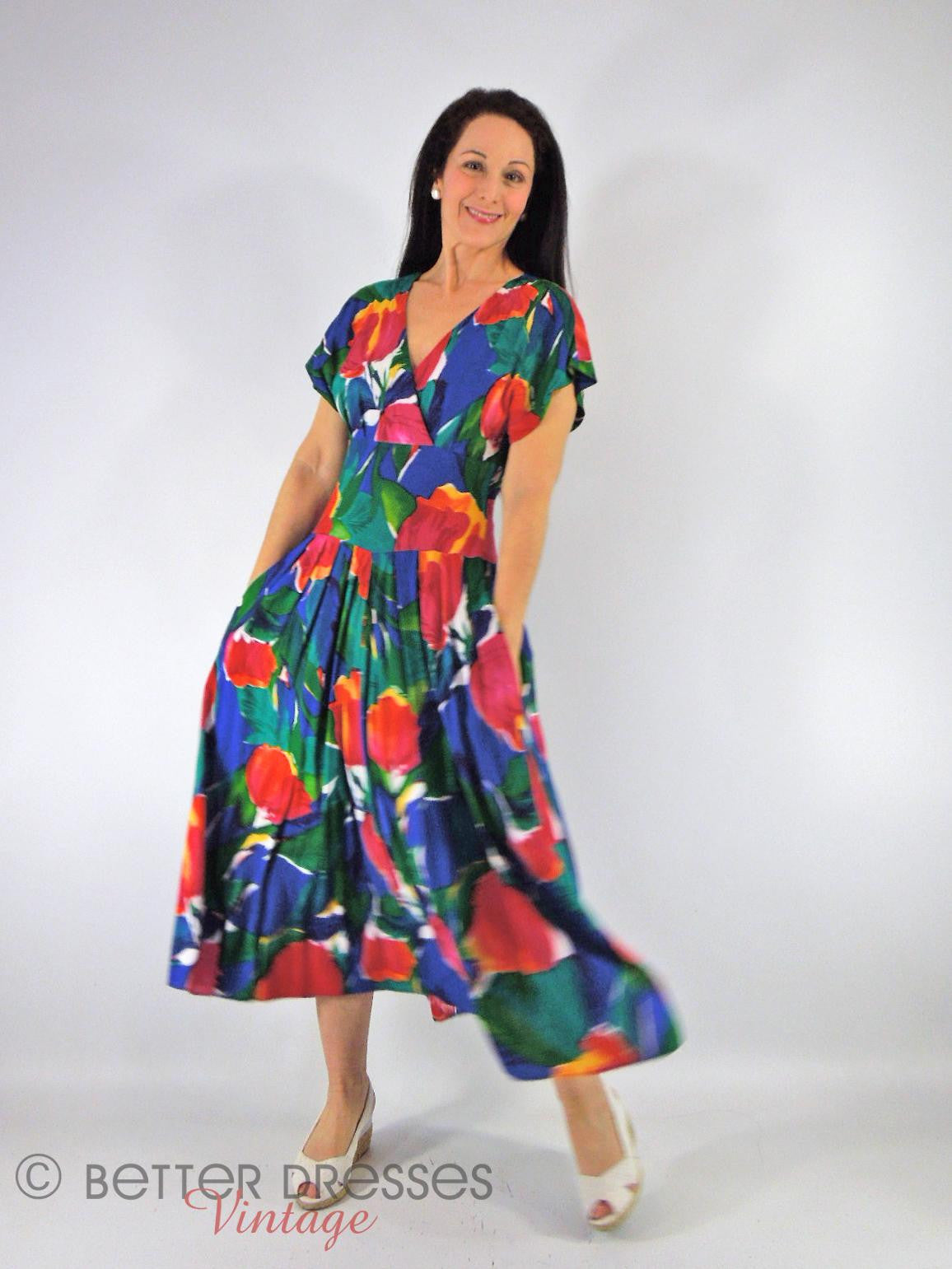 80s dresses casual Vintage 1980s Rayon Day Dress in Bright Tulip Floral