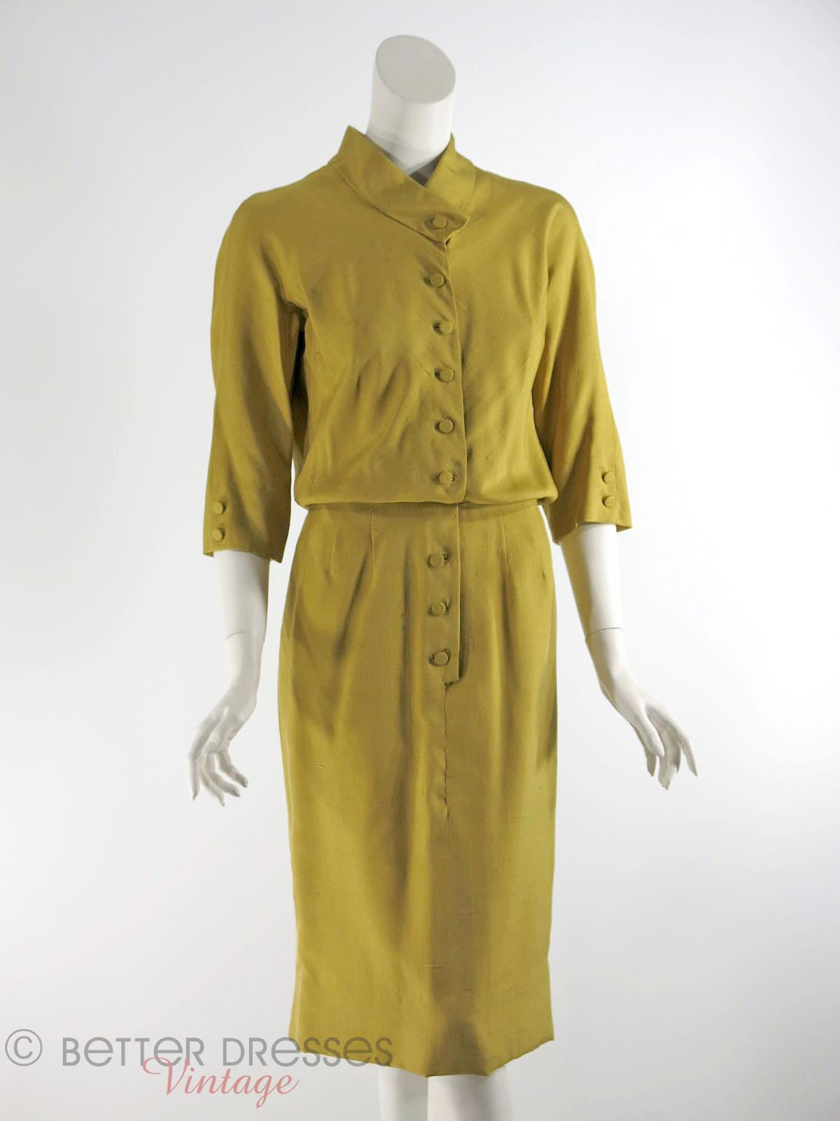 50s Dress in Golden Olive Silk - sm 50s Dress in Golden Olive Silk - sm