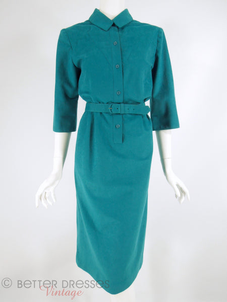 70s Willi of California Teal Ultrasuede Shirtwaist Dress at Better Dresses Vintage