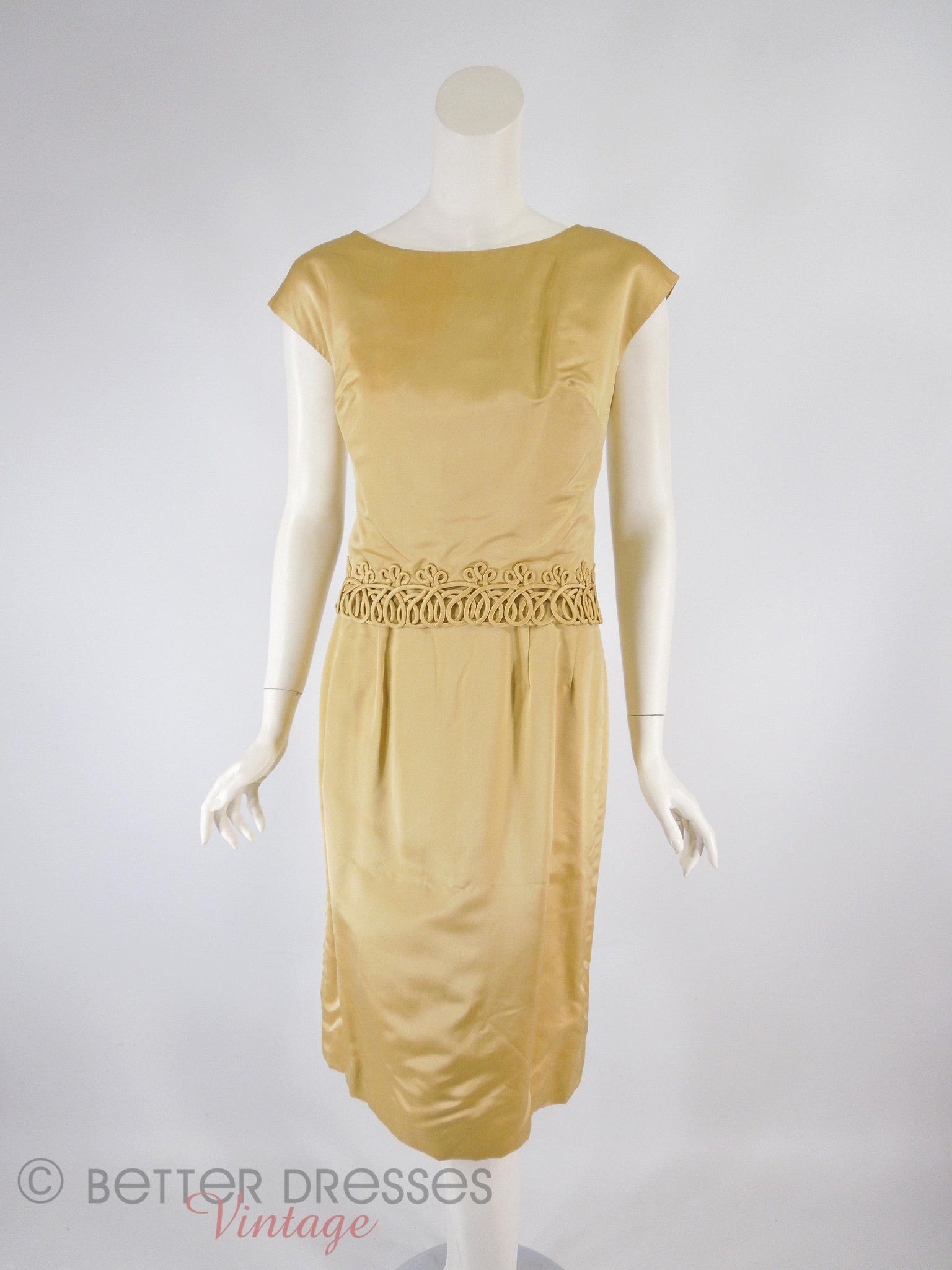 60s Gold Satin Sheath Dress With Overlay - med 60s Gold Satin Sheath Dress With Overlay - med