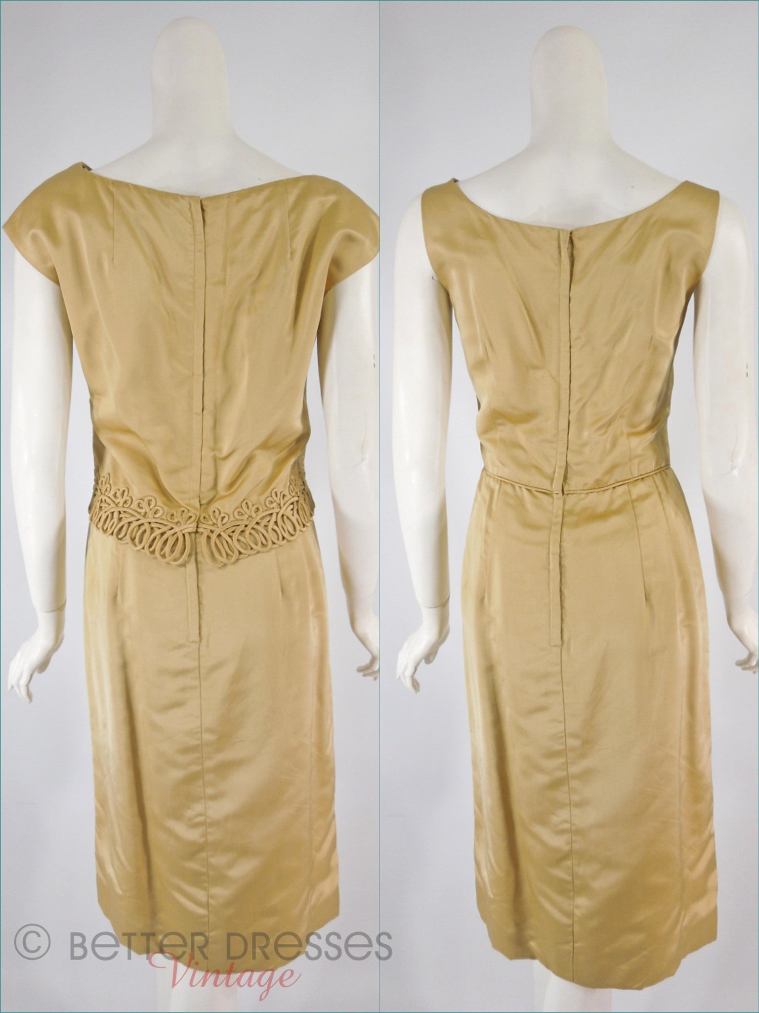 60s Gold Satin Sheath Dress With Overlay - med 60s Gold Satin Sheath Dress With Overlay - med