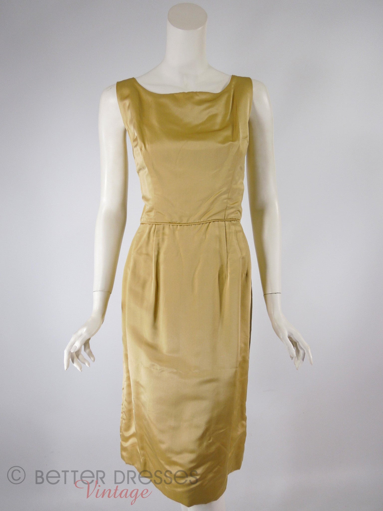 60s Gold Satin Sheath Dress with Overlay - Med 60s Gold Satin Sheath Dress with Overlay - Med