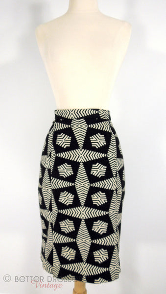 Jupe crayon vintage à imprimé géométrique noir et blanc