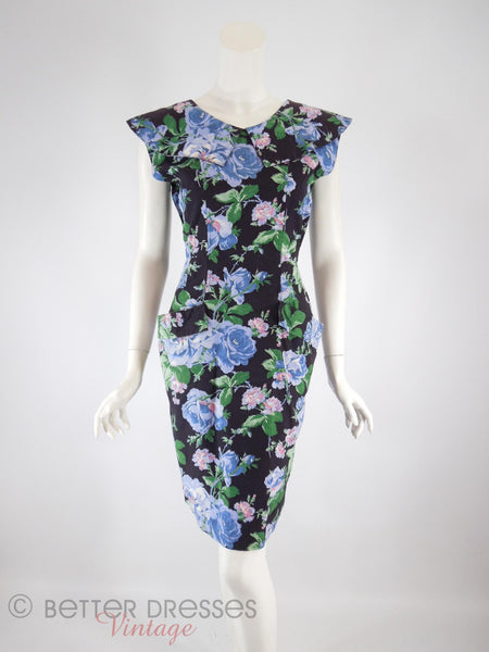 80s Does 50s Black Floral Dress - front