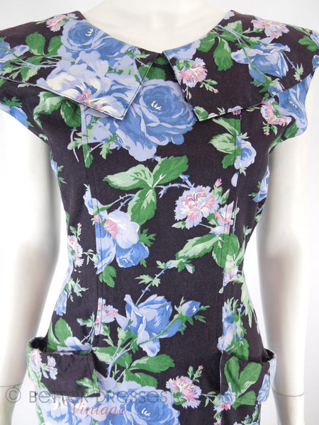 80s Does 50s Black Floral Dress - close front