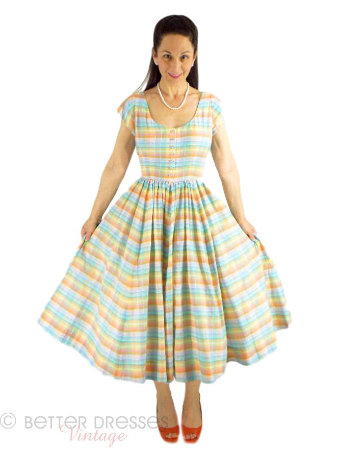 50s/60s Pastel Paid Circle Skirt Dress - full front view