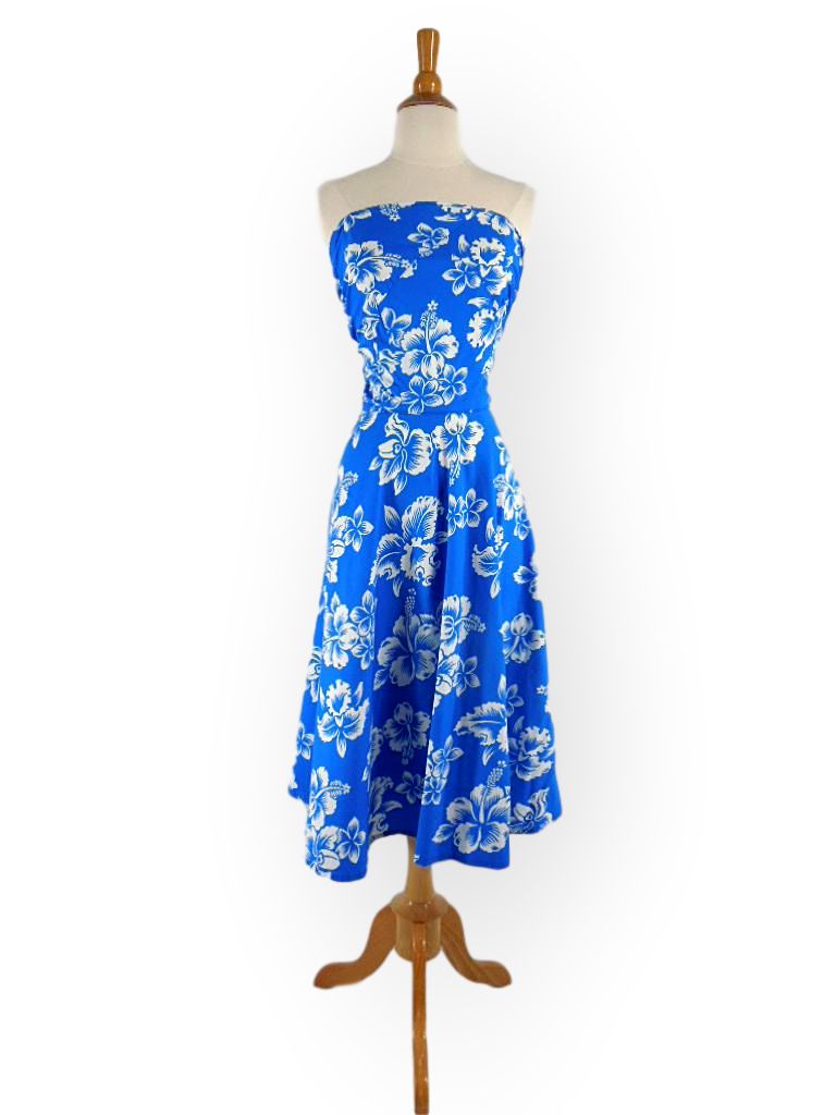Vintage 1940s Hawaiian Print Blue & White Tie Back Strapless Sundress Better Dresses Vintage Vintage 1940s Hawaiian Print Blue & White Tie Back Strapless Sundress Better Dresses Vintage
