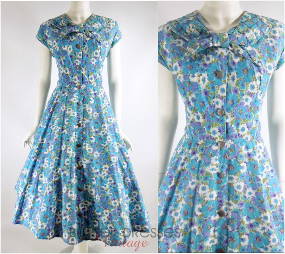 1940s 1950s House Dress Blue and Purple Floral Shirtwaist Kenrose - med, lg  – Better Dresses Vintage