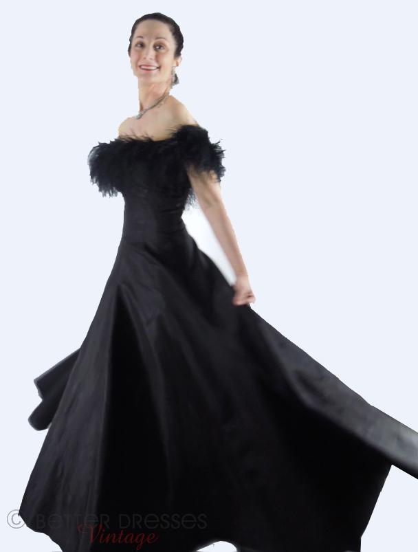 50s Black Taffeta Feather Neckline Ball Gown at Better Dresses Vintage