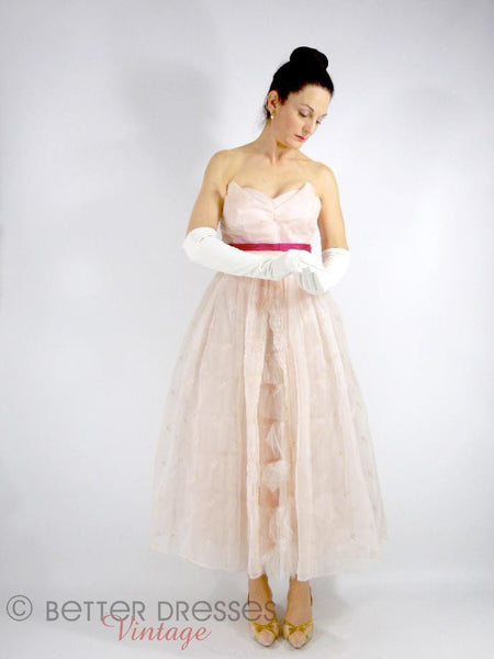 50s Pink Strapless Tea-Length Party Dress