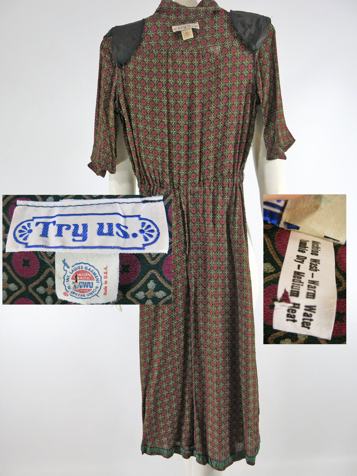 Authentic Vintage 1970s or early 1980s Day Dress Burgundy Medallion