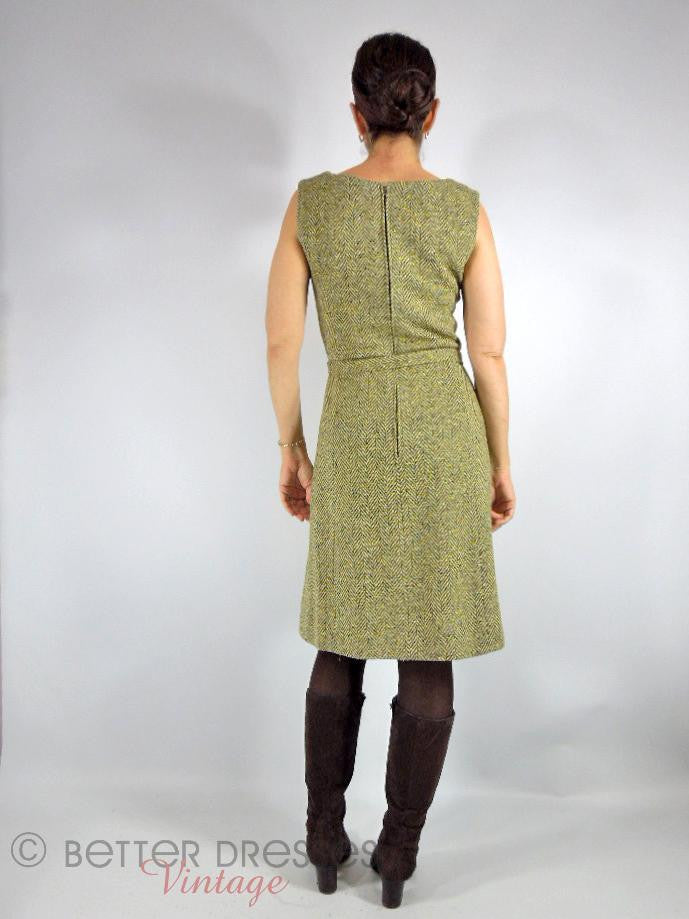 60s Jumper Dress in Olive Green and Cream Herringbone Tweed - sm, med Better Dresses Vintage 60s Jumper Dress in Olive Green and Cream Herringbone Tweed - sm, med Better Dresses Vintage