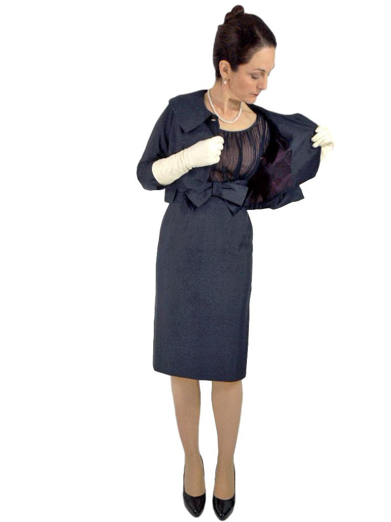 Vintage 1950s or Early 1960s Dress & Bolero Set in Navy Blue Silk - sm Better Dresses Vintage Vintage 1950s or Early 1960s Dress & Bolero Set in Navy Blue Silk - sm Better Dresses Vintage