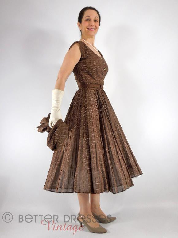 Vtg 1950s Full-Circle Dress & Bolero New Look Brown Dotted Swiss - sm Better Dresses Vintage Vtg 1950s Full-Circle Dress & Bolero New Look Brown Dotted Swiss - sm Better Dresses Vintage
