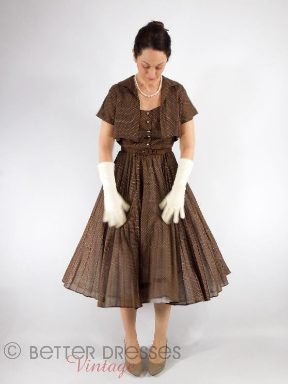 Vtg 1950s Full-Circle Dress & Bolero New Look Brown Dotted Swiss - sm Better Dresses Vintage Vtg 1950s Full-Circle Dress & Bolero New Look Brown Dotted Swiss - sm Better Dresses Vintage