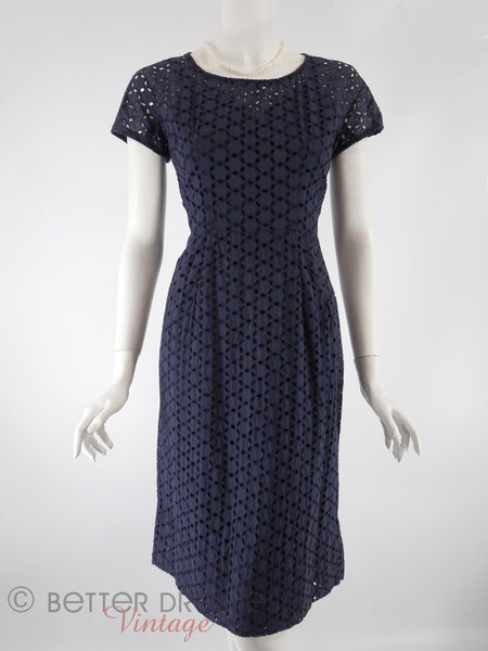 50s Navy Eyelet Sheath Dress - with slip, front