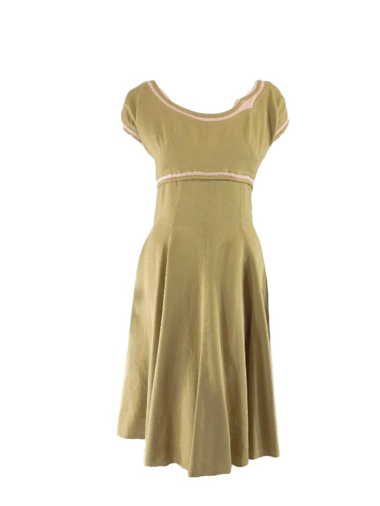 50s Claire McCardell Linen Dress in Olive and Pink - sm Better Dresses Vintage 50s Claire McCardell Linen Dress in Olive and Pink - sm Better Dresses Vintage