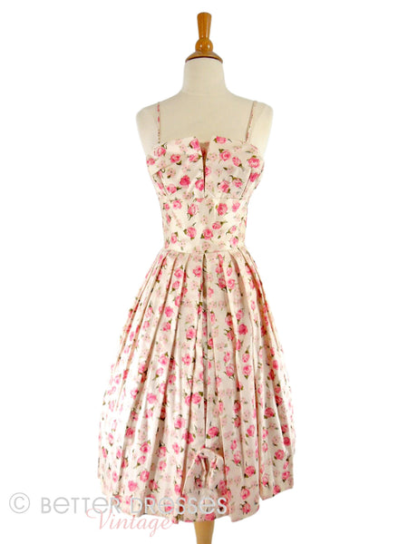 50s Silk Party Dress With Pink Roses - front