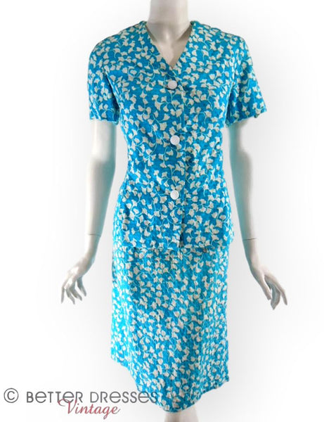 60/70s Blue and White Ginkgo Leaf Dress + Jacket Set