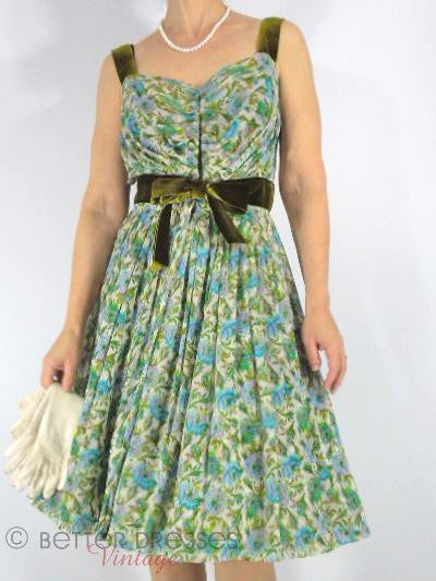 Vintage silk floral dress in blue and green.