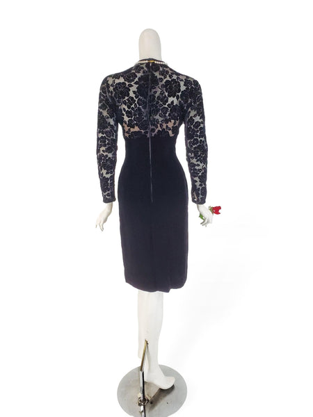 Back view of 1950s Cocktail Dress in Black Velvet With Roses