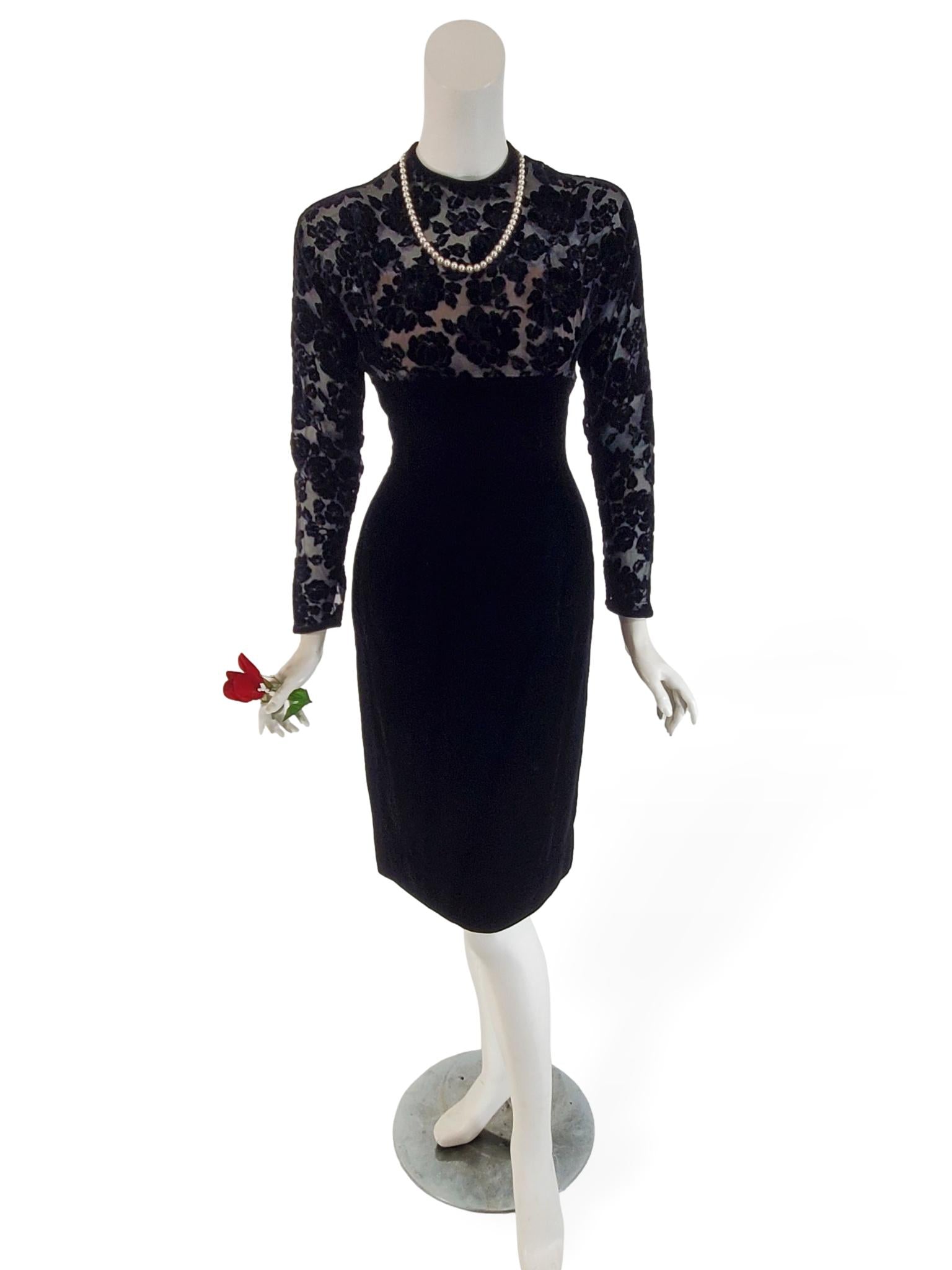 50s Black Velvet Long Sleeve Sheath Dress With Burnout Roses Better Dresses Vintage 50s Black Velvet Long Sleeve Sheath Dress With Burnout Roses Better Dresses Vintage